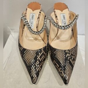Jimmy Choo Bing Snake Print Crystal Leather Embellished Mules Heels Size 10.5